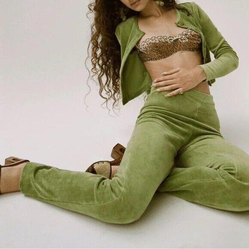 Peachy Den Green Velour Pants